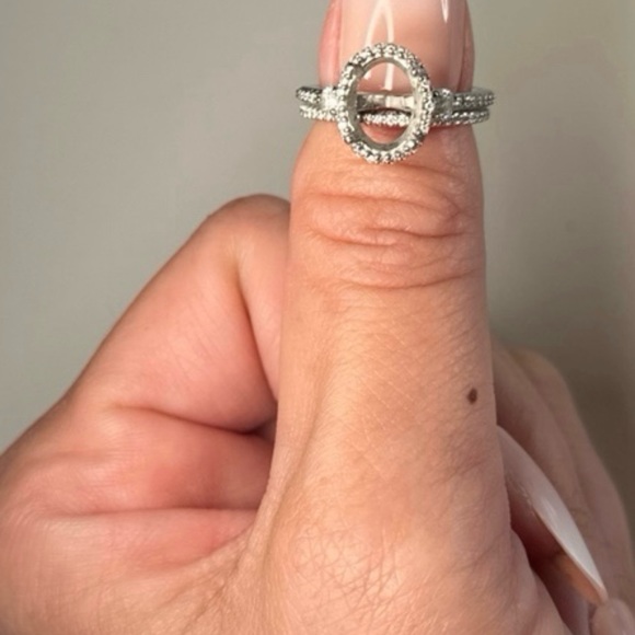 Platinum 3 Stone Halo Diamond Band Engagement Ring & Matching Diamond Band - Picture 3 of 5